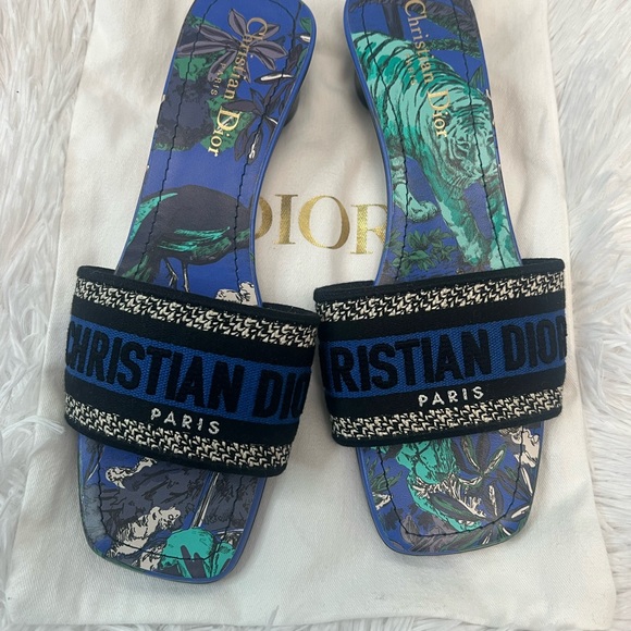 Dior Dway Heeled Slide Blue & Black Embroidered Cotton - Picture 2 of 12